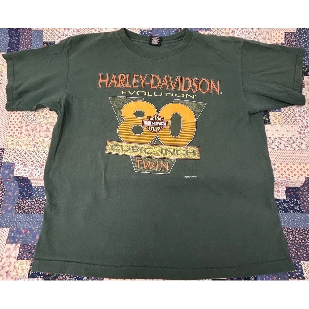 Vintage Harley Davidson Evolution 80 Cubic Inch Green T Shirt Big Flag‎ Back Hit